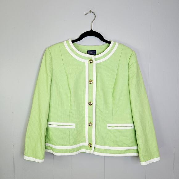 Womens Pendleton Mint Green Gold Button Front Blazer Jacket Cotton Size 14 - Picture 1 of 12
